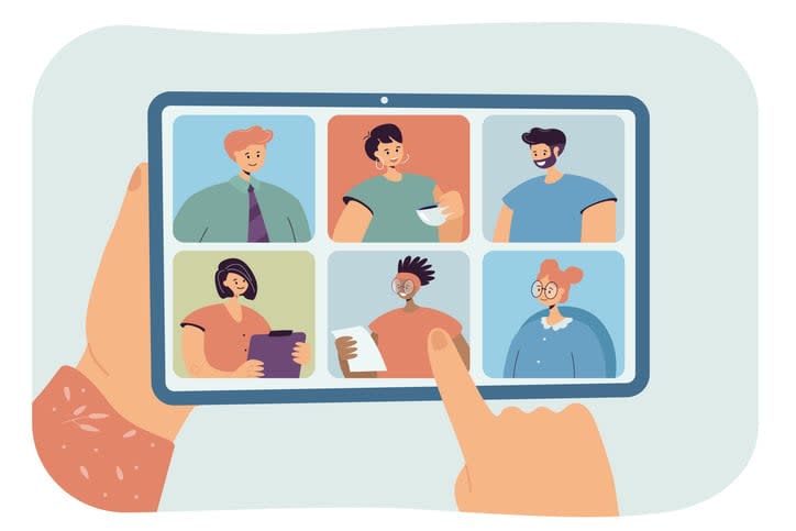 Hands holding tablet with group video call on screen stock illustration