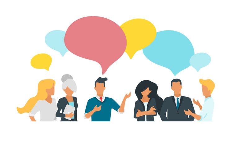 Vector flat style illustration of business people talk about company goals and discussing data