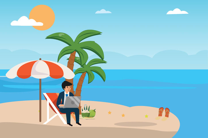 Male manager working with a laptop in the beach stock illustration