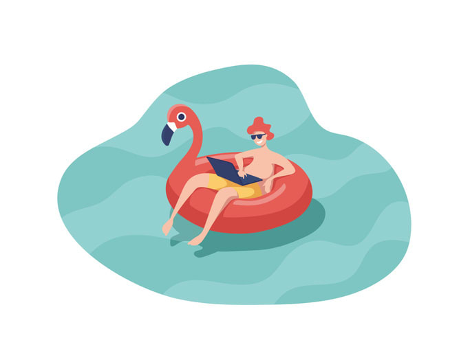 Man with laptop swiming on inflatable ring in the shape of a pink flamingo floating in the pool