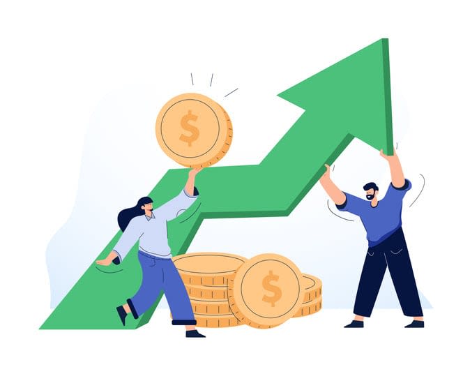 Characters analyzing investments, celebrating financial success and money growth