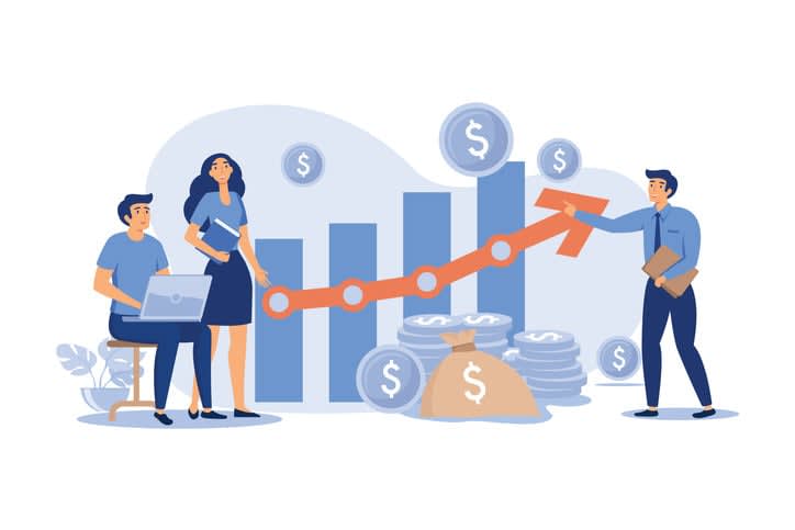 Startup managers presenting and analyzing sales growth chart