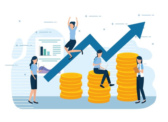 Women of teamwork with pile coins and infographics stock illustration