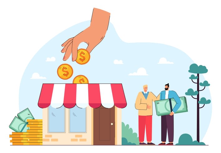 Hand giving money to entrepreneurs and local shopkeepers stock illustration