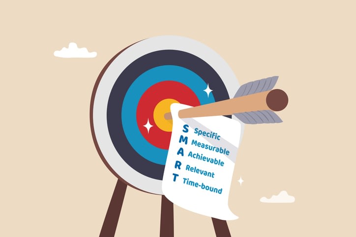 arrow bow hit bullseye with note paper written business SMART goal