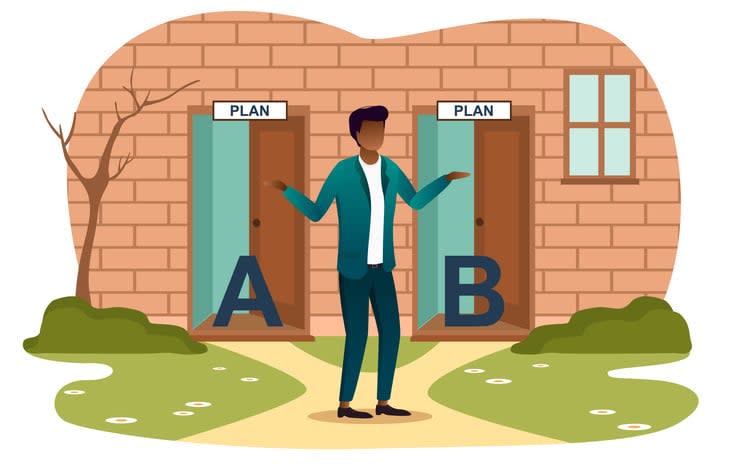 Male character is standing next to two doors and trying to choose the right path stock illustration