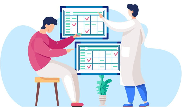 A man in a lab coat points to a work plan on the background stock illustration