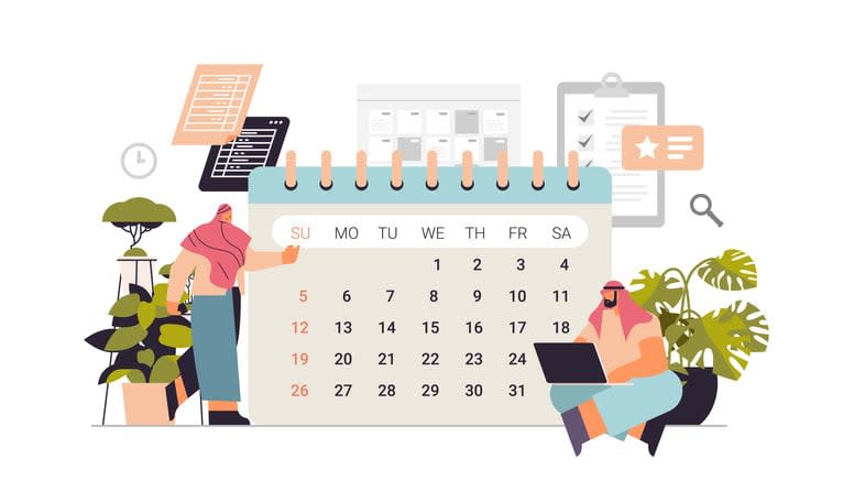 Businesspeople using calendar planning day scheduling appointment in agenda meeting plan time management stock illustration