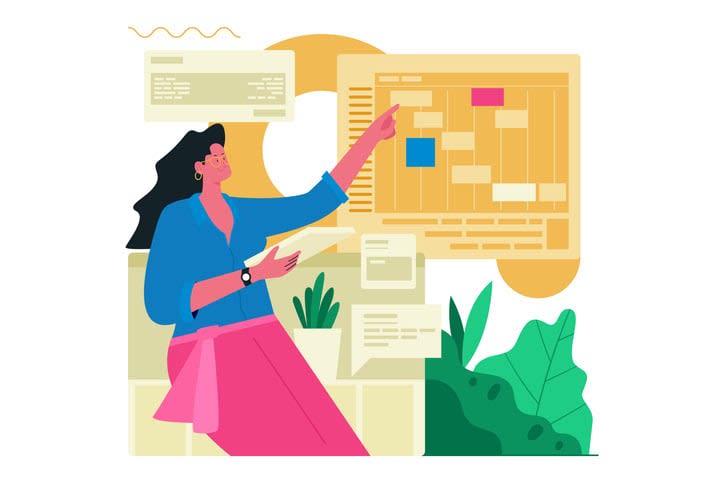 Women and Task Management on Kanban Boards Illustration stock illustration