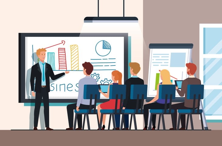Business people meeting with infographics presentation stock illustration