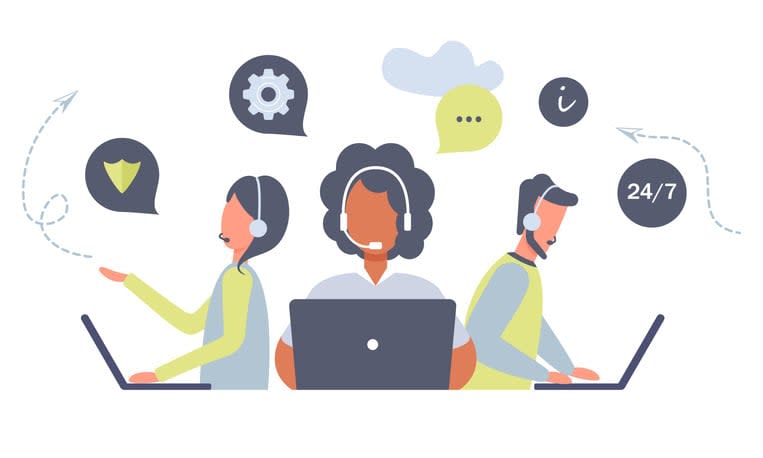 Customer service workers with headsets and laptops service or consult customers on computers stock illustration