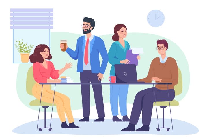 Happy male and female employees discussing project in office stock illustration