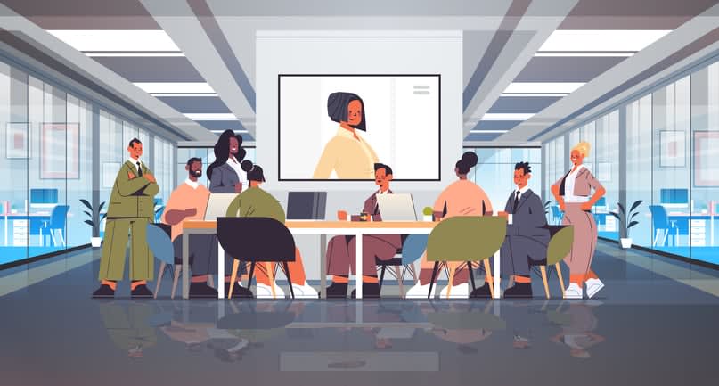 Businesspeople having online conference mix race business people discussing with businesswoman during video call stock illustration