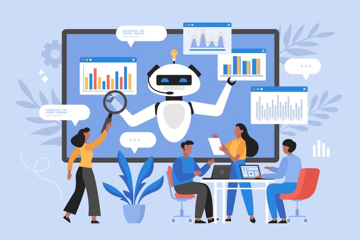 Modern vector illustration of people using AI technology for charts and marketing strategy