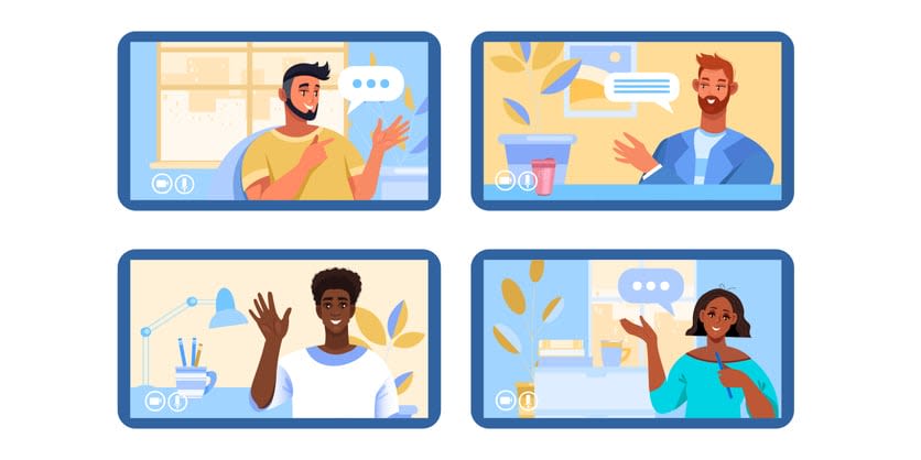 Video call or conference illustration with diverse people working remotely at home as team