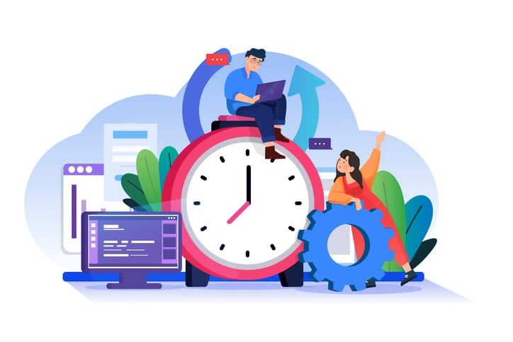 Man trying to done projects on time stock illustration