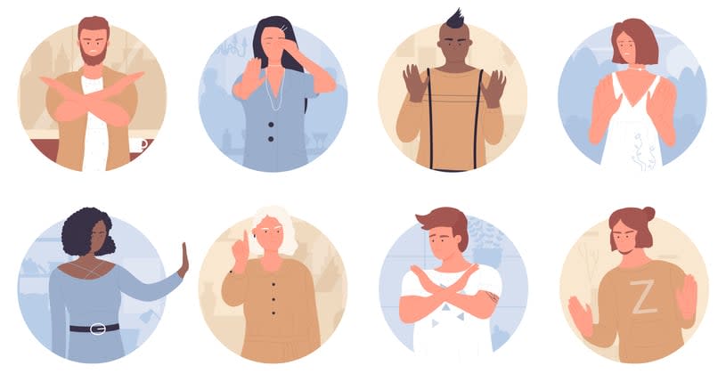 People with stop gesture in round avatar set vector illustration