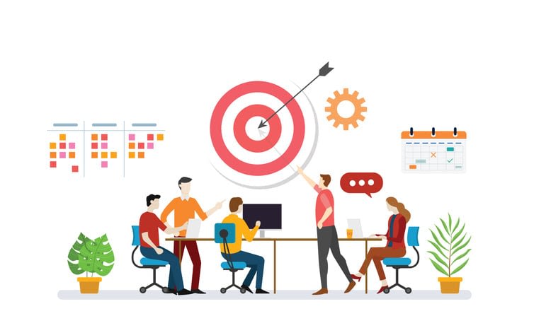 Business plan target with team discussion to achieve target goals with to do list task and calendar icon - vector stock illustration