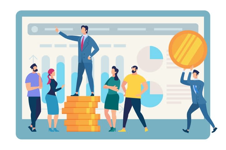 Speaking Business Coach Stand on Golden Coin Pile stock illustration