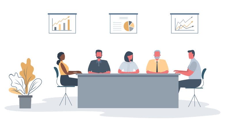 Employees are sitting at the table in the office stock illustration