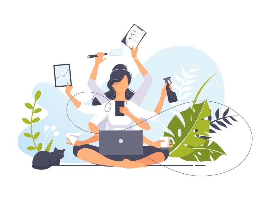 freelancer girl with many hands sits in yoga lotus position and doing several actions at the same time
