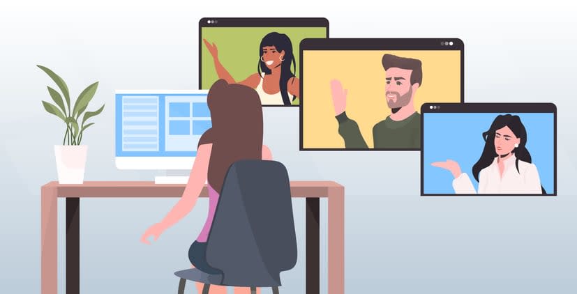 Businesswoman chatting with mix race colleagues in web browser windows during video call online conference stock illustration