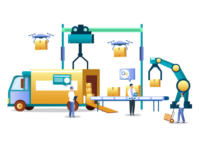 Warehouse automation technology and logistics vector concept illustration stock illustration