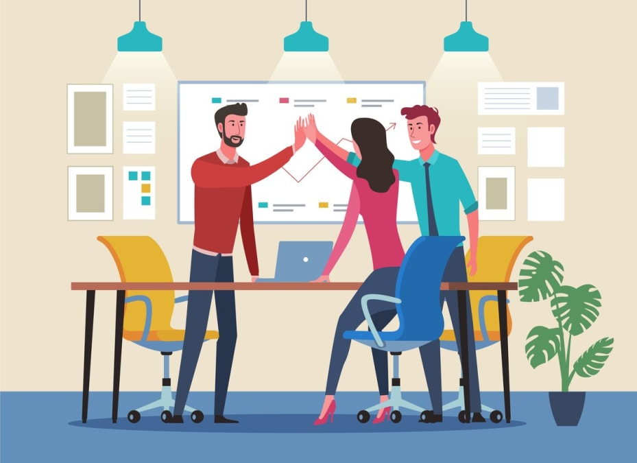 successful teamwork in workplace stock illustration