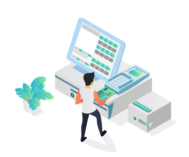 Isometric style illustration of cashier payment with ATM stock illustration