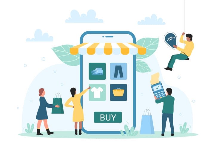 online payment for products in mobile shop app and tiny people stock illustration
