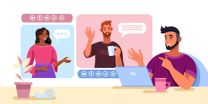 Video call and virtual meeting illustration with men and woman communicating in internet