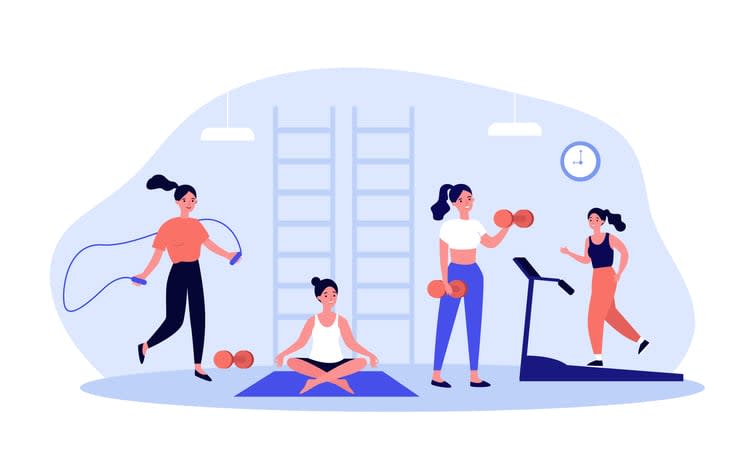 Woman exercising in fitness club or gym stock illustration