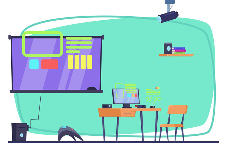 Virtual classroom with modern equipment stock illustration