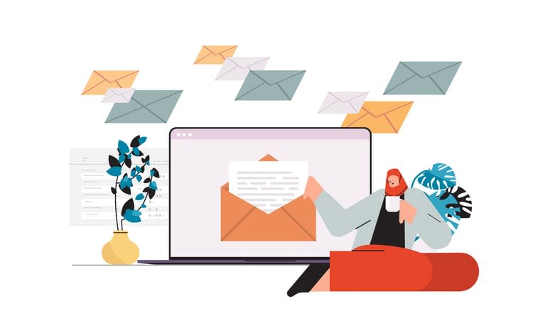 Businesswoman sending or receiving letters email inbox message notification new unread mail business communication stock illustration