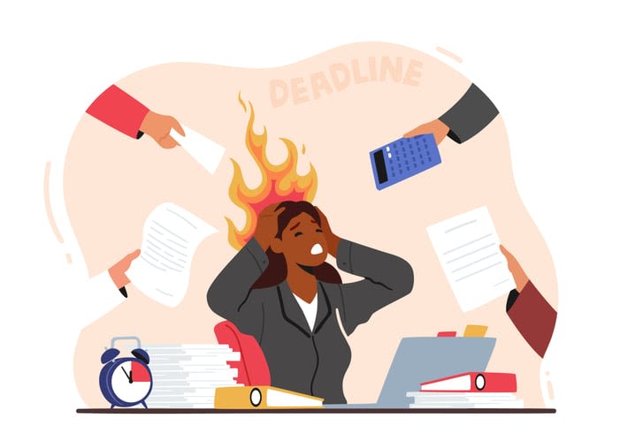 Overloaded Business Woman Holding Burning Head with Hands Sitting at Workplace with Messy Documents Heap in Office stock illustration