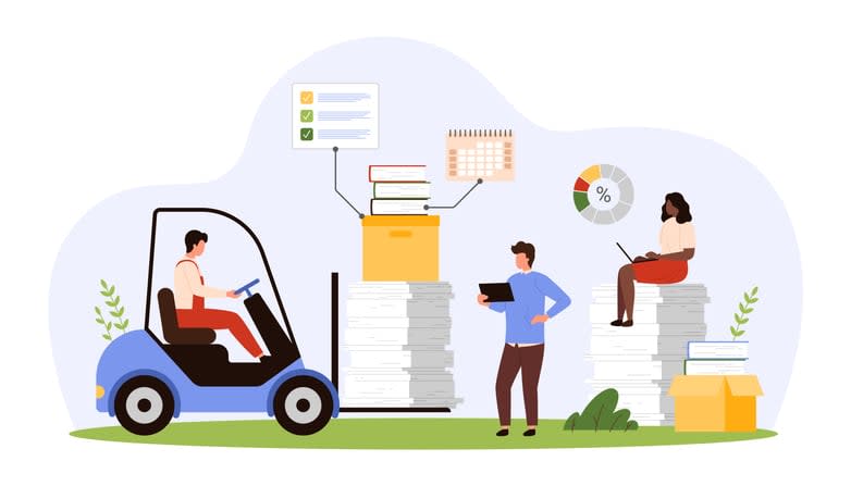 tiny people carrying stack of documents stock illustration