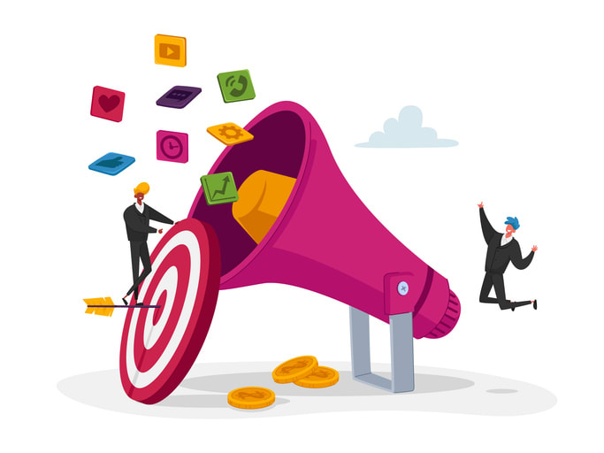 Pr Agency Tiny Characters Team Work with Huge Megaphone stock illustration