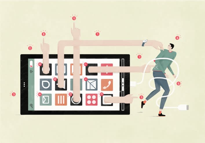 Distracted by smartphone notifications overload stock illustration