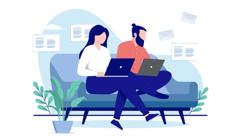 Couple working in sofa flat design vector illustration with white background stock illustration