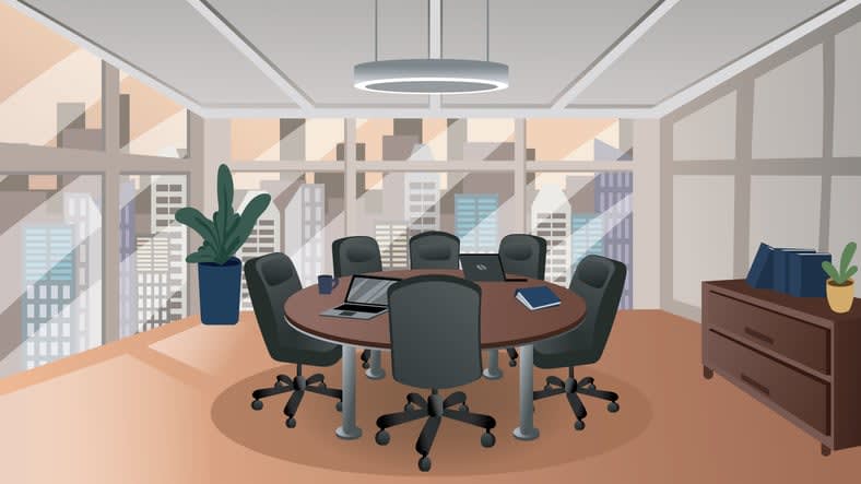 Cartoon style conference room with a round table and chairs