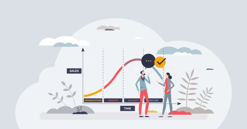 Product lifecycle with product time and sales curve flow tiny person concept stock illustration
