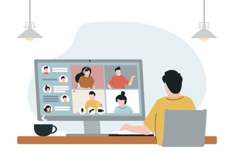 Cartoon man in front of computer video calling online