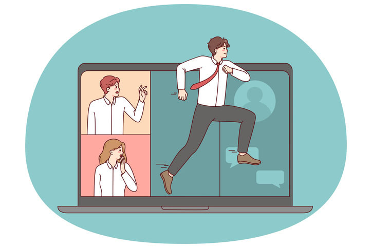 Man running away from remote meeting stock illustration