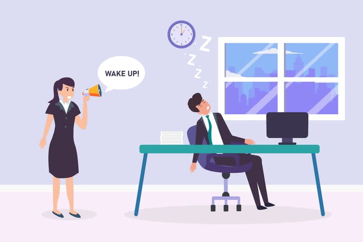 Angry lady boss waking up employee 2D flat vector stock illustration