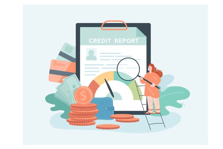 Credit history check by tiny user with magnifying glass stock illustration