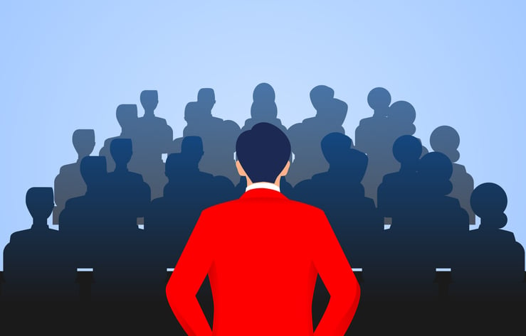 Leader stands in front of a group of people speaking stock illustration