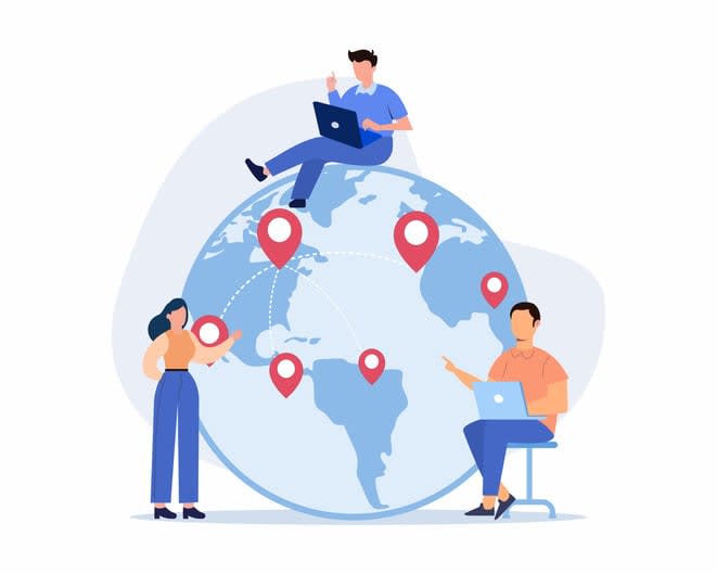 Business team sitting on globe with connected location marks and working on laptop