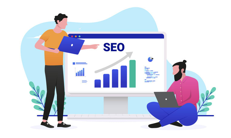 wo people working with Search engine optimisation in front of computer screen