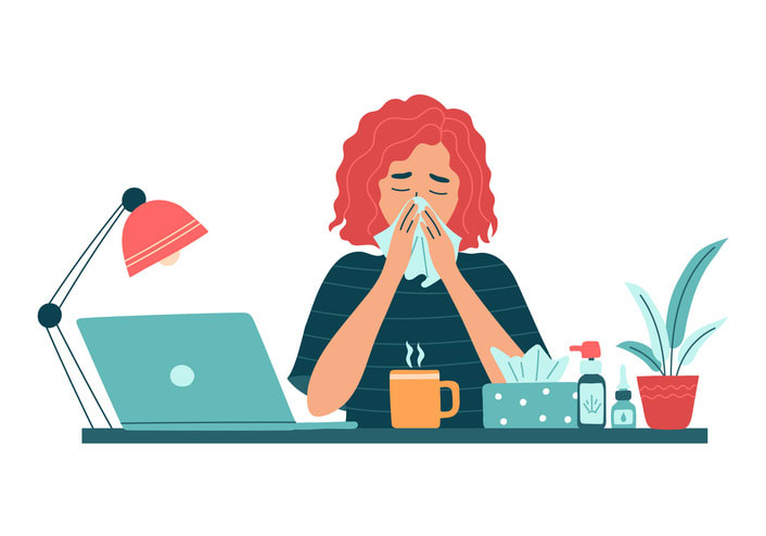 Sick woman employee with runny nose and hanky work on laptop stock illustration
