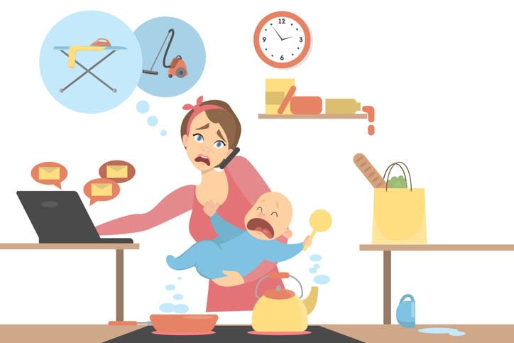 Isolated tired multitasking mother stock illustration